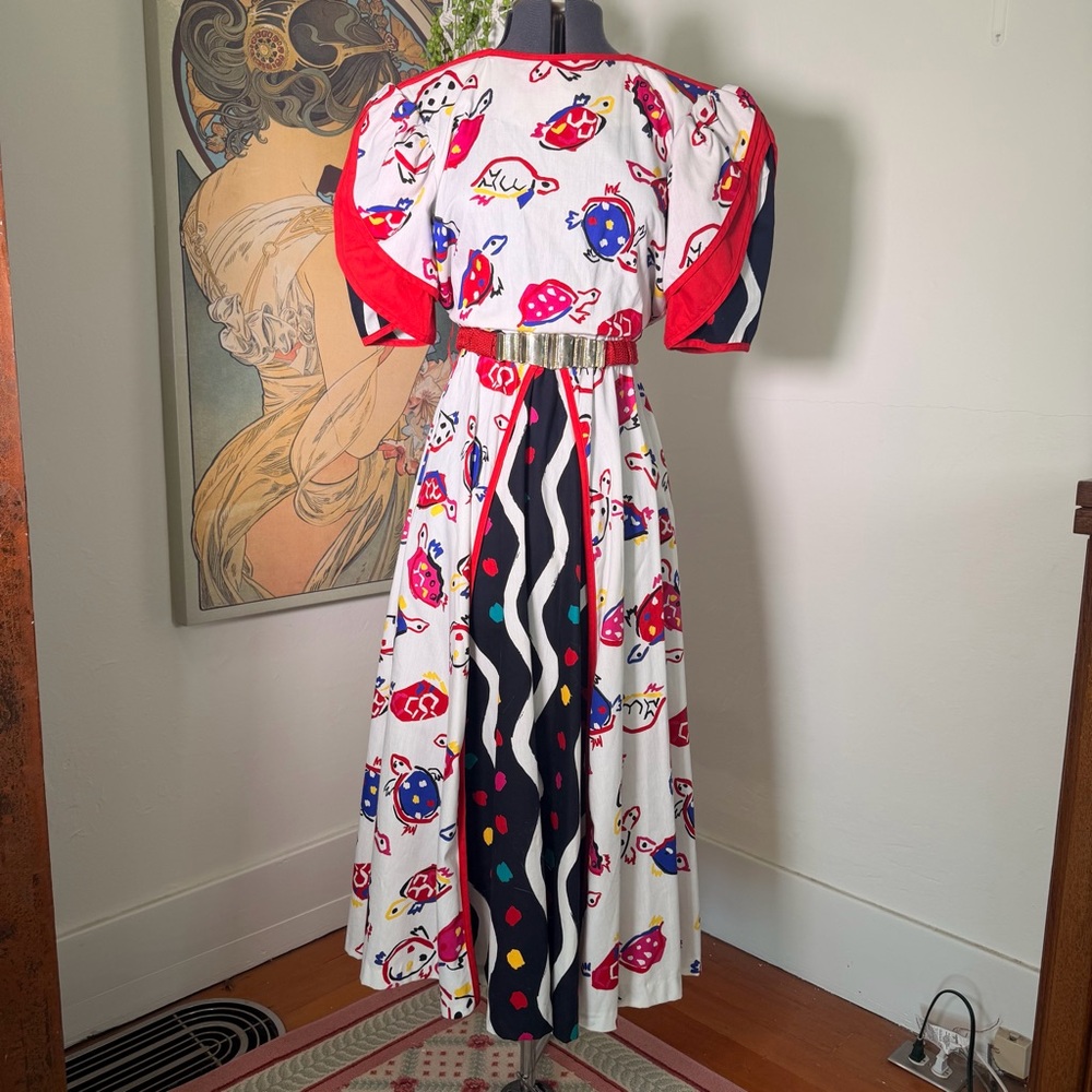 Vintage 70’s Abbey Lane Fun Geometric Turtles Colorful Summer Dress Medium